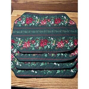 Christmas Holiday Placemats Tapestry green  Red Poinsettia’s Unbranded Set Of 4